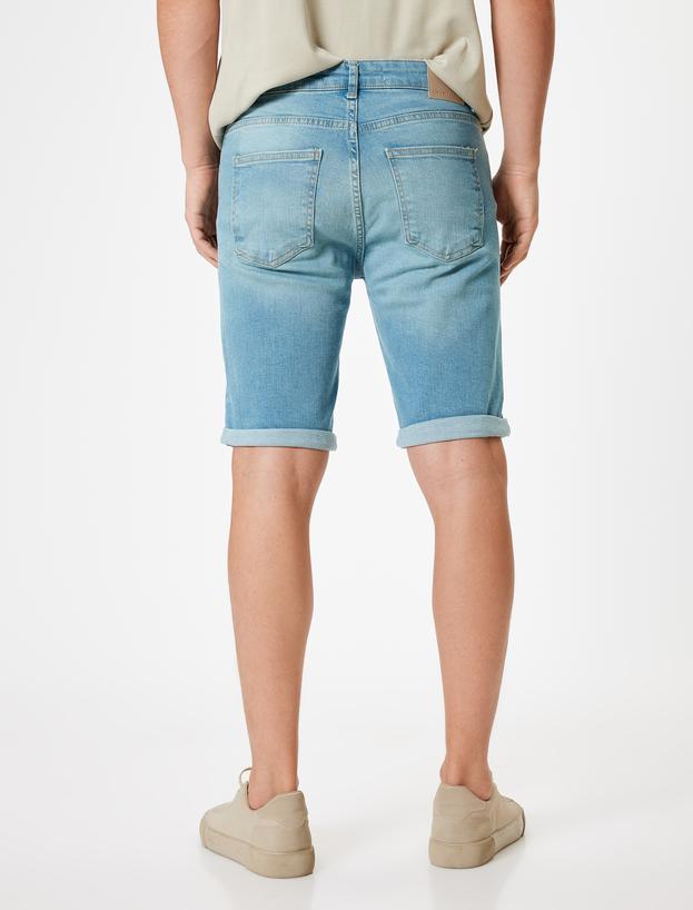 Slim Fit Kot Şort Bermuda Katlamalı Paça Cep Detaylı Pamuklu_3