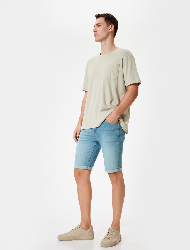 Slim Fit Kot Şort Bermuda Katlamalı Paça Cep Detaylı Pamuklu_1