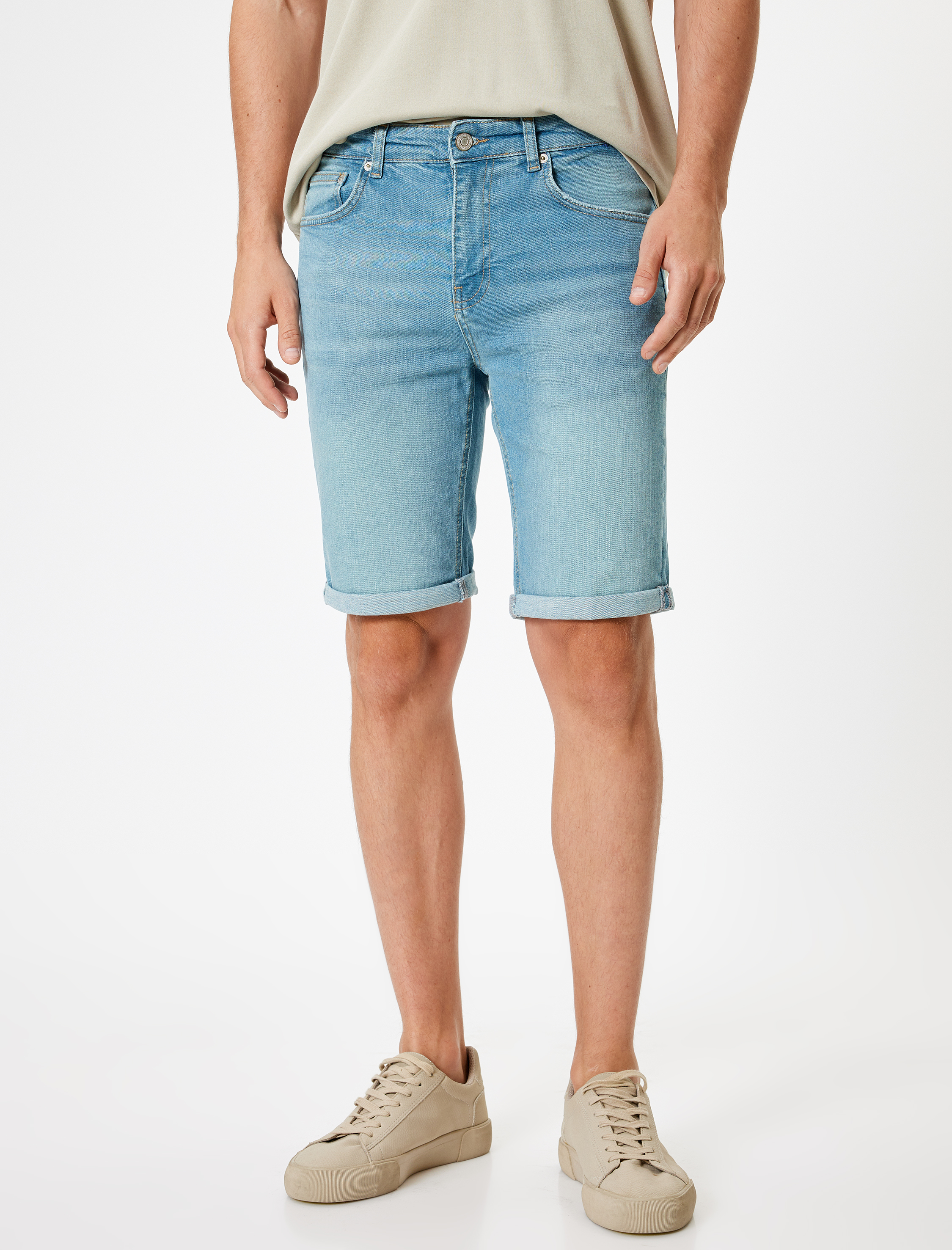 Slim Fit Kot Şort Bermuda Katlamalı Paça Cep Detaylı Pamuklu