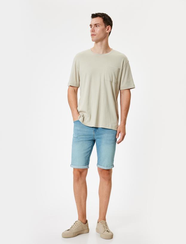 Slim Fit Kot Şort Bermuda Katlamalı Paça Cep Detaylı Pamuklu_0