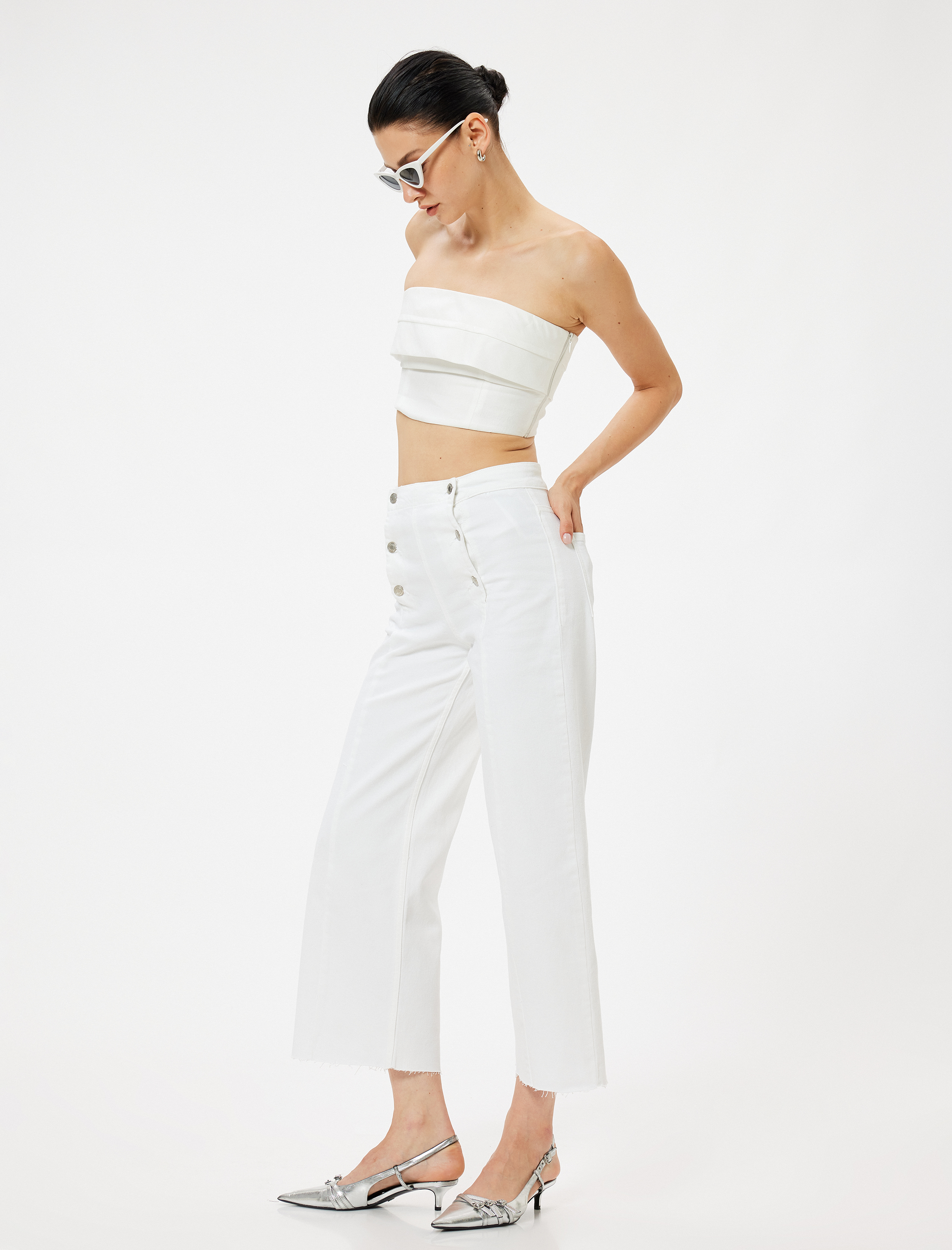   Geniş Kısa Paça Kot Pantolon Standart Bel Düğmeli - Sandra Jeans