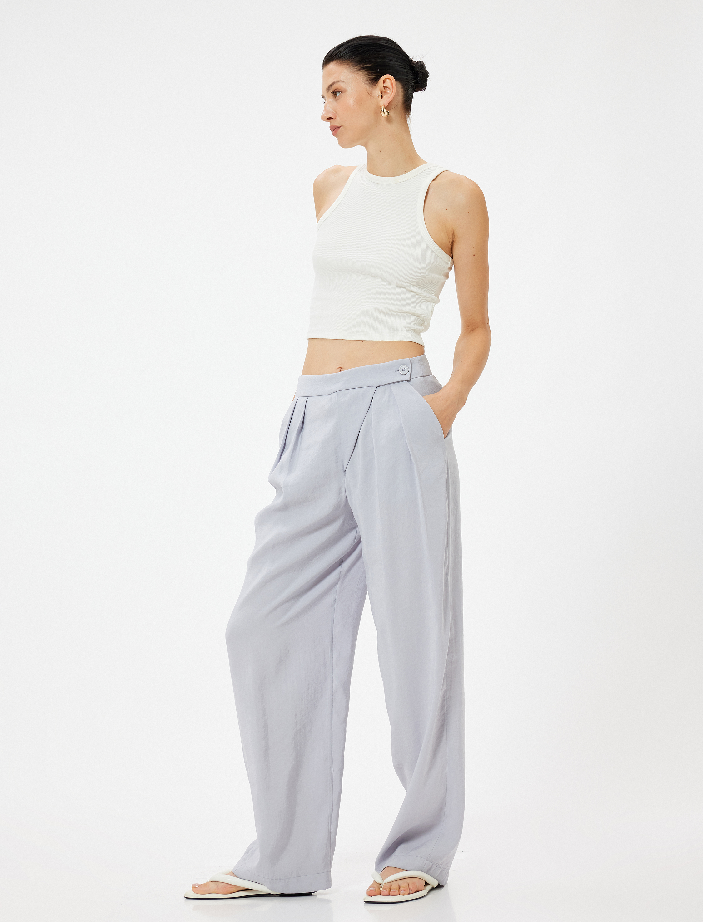   Modal Bol Paça Kumaş Pantolon Cepli Pile Detaylı