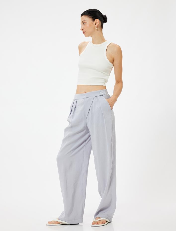  Modal Bol Paça Kumaş Pantolon Cepli Pile Detaylı