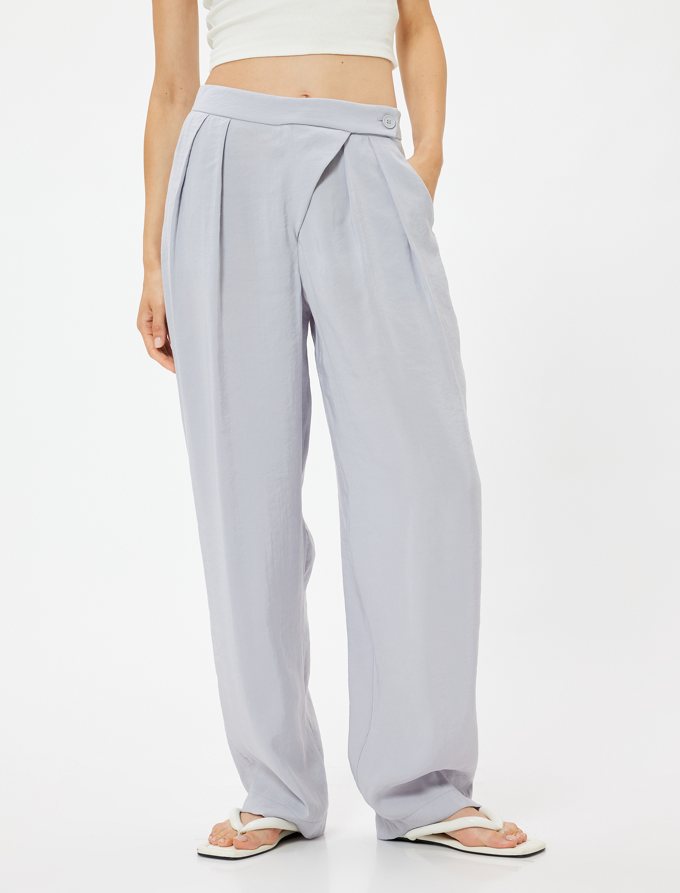   Modal Bol Paça Kumaş Pantolon Cepli Pile Detaylı