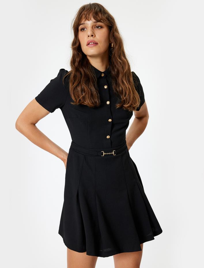  Pileli Kısa Kollu Mini Elbise A Kesim Gömlek Yaka Düğmeli Kemer Detaylı