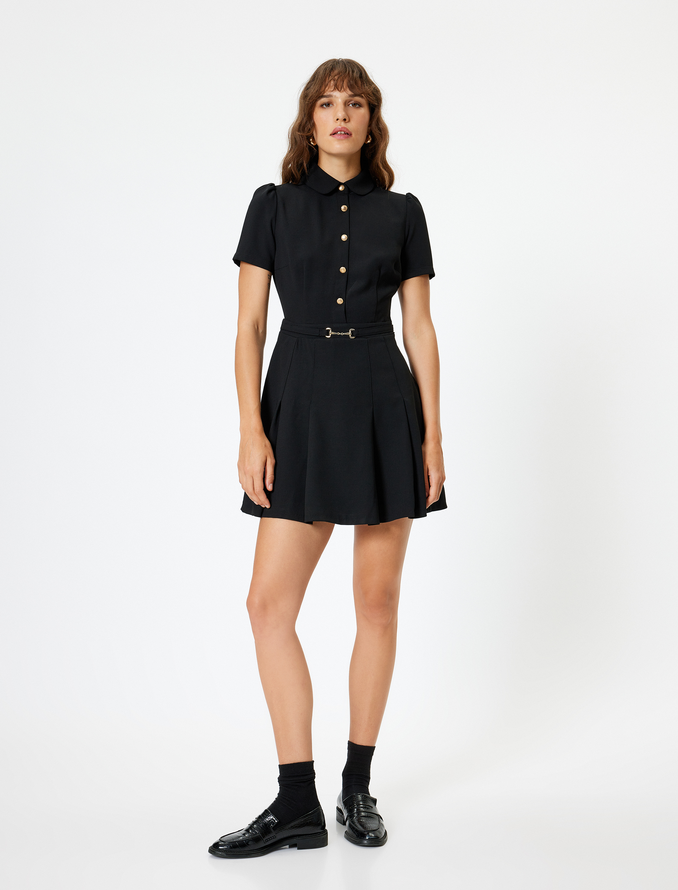 Pileli Kısa Kollu Mini Elbise A Kesim Gömlek Yaka Düğmeli Kemer Detaylı