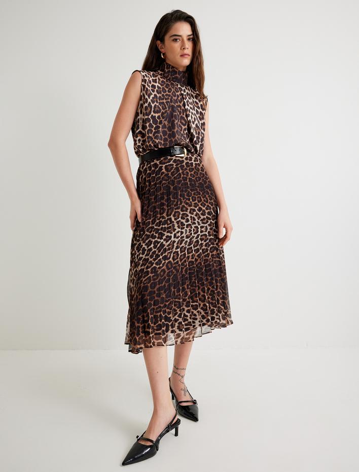  Piliseli Leopar Desenli Etek Kloş Midi Boy