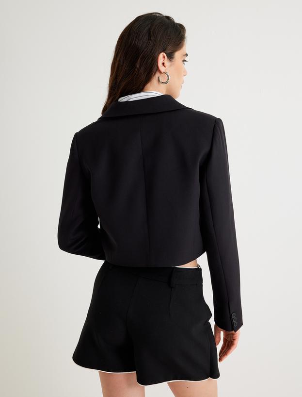 Crop Blazer Ceket Ters Yaka Düğmeli Kapaklı Cep Detaylı Regular Fit_3