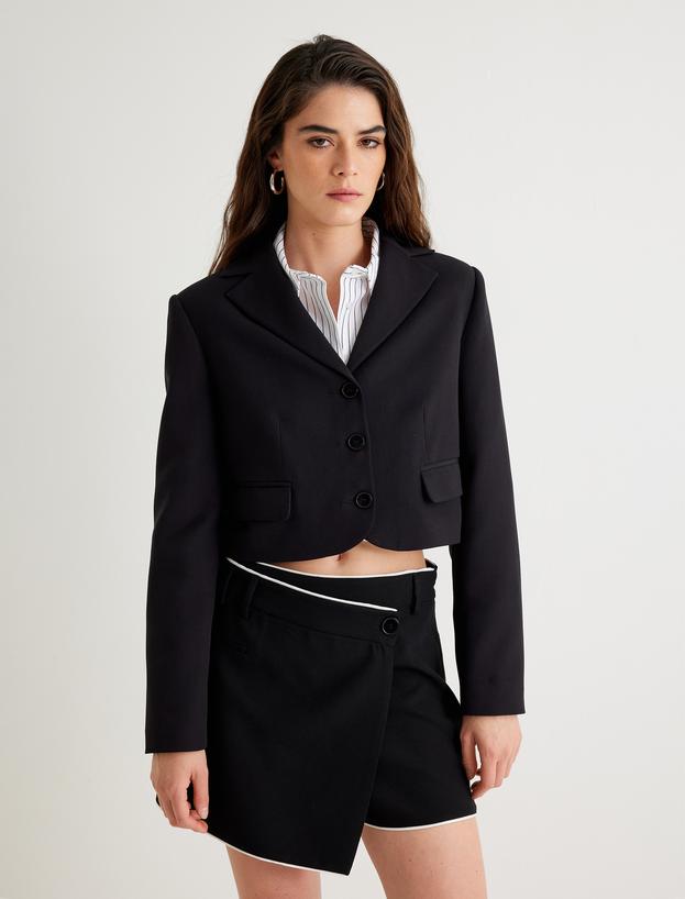 Crop Blazer Ceket Ters Yaka Düğmeli Kapaklı Cep Detaylı Regular Fit_2