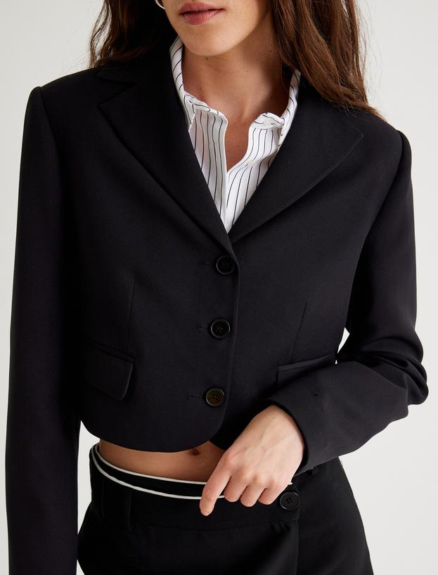 Crop Blazer Ceket Ters Yaka Düğmeli Kapaklı Cep Detaylı Regular Fit_4