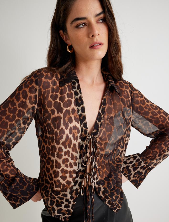  Leopar Desenli Bluz Önden Bağlamalı Uzun Kollu Gömlek Yaka