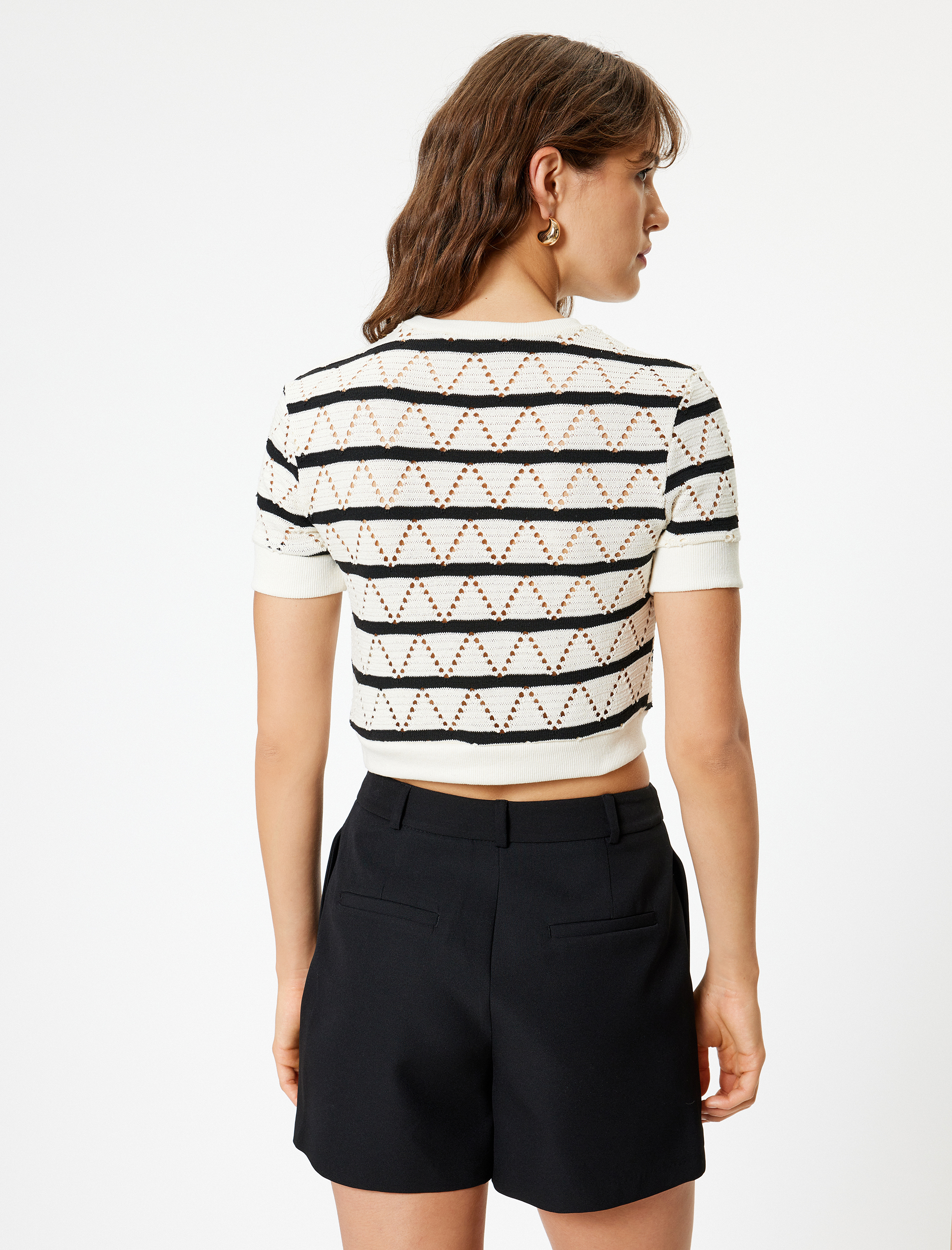   Ajurlu Kroşe Crop Tişört Kısa Kollu Bisiklet Yaka