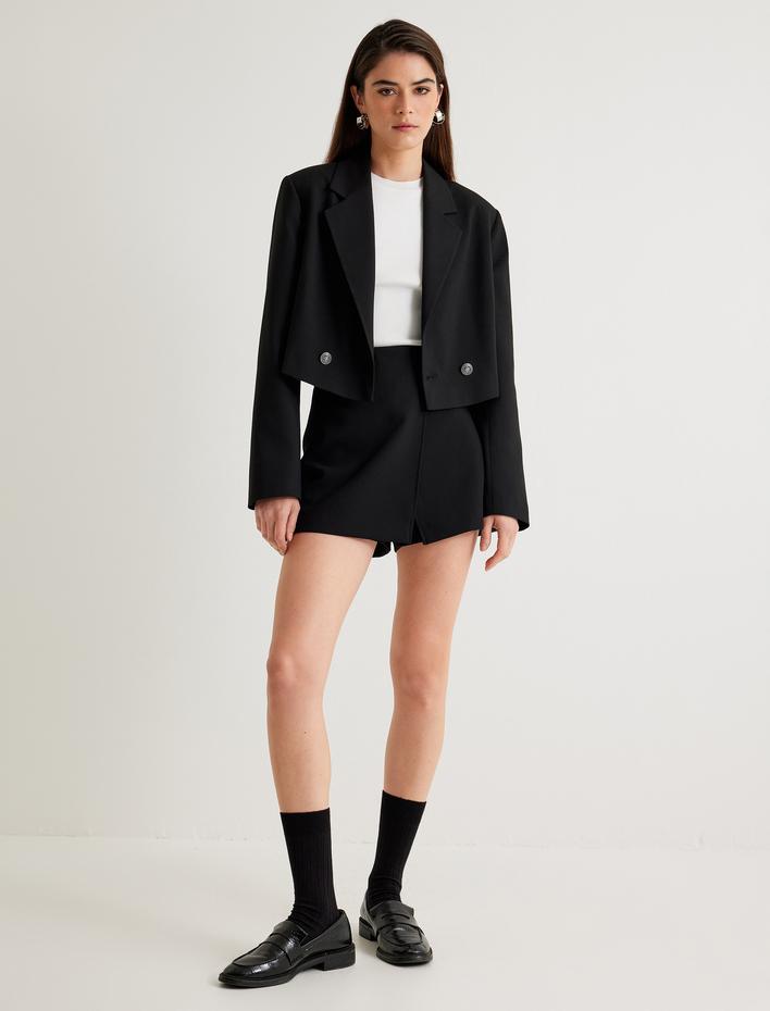  Kruvaze Crop Blazer Ceket Ters Yaka