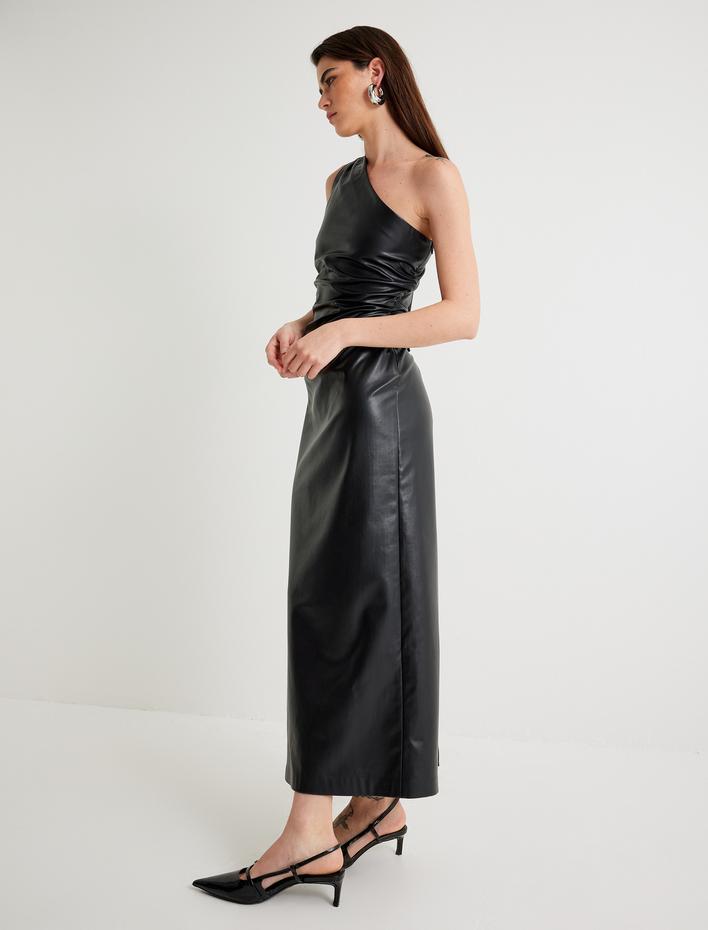  Suni Deri Tek Omuz Slip Elbise Uzun Drapeli