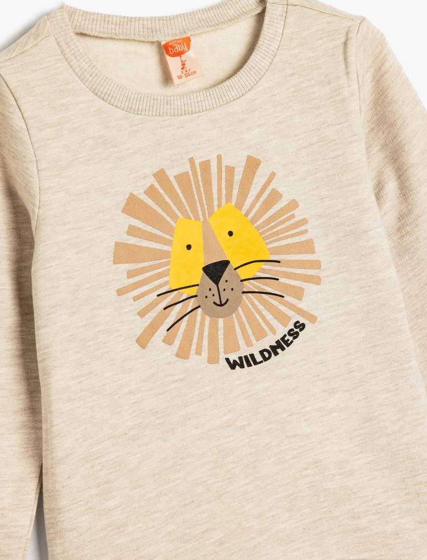  Erkek Bebek Sweatshirt Aslan Baskılı Uzun Kollu Şardonlu Pamuklu