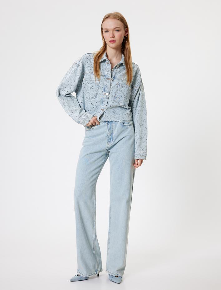  Crop Kot Ceket Taş Detaylı Klasik Yaka Düğmeli Cepli