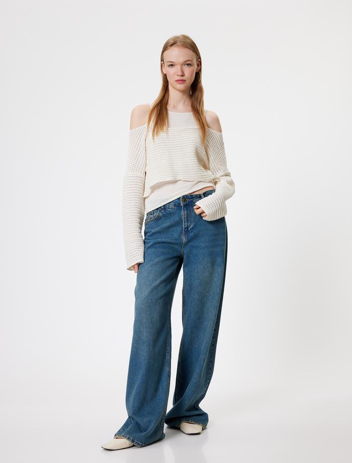  Uzun Kollu Tişört Kroşe Dokulu Pencere Detaylı Bisiklet Yaka Rahat Kalıp