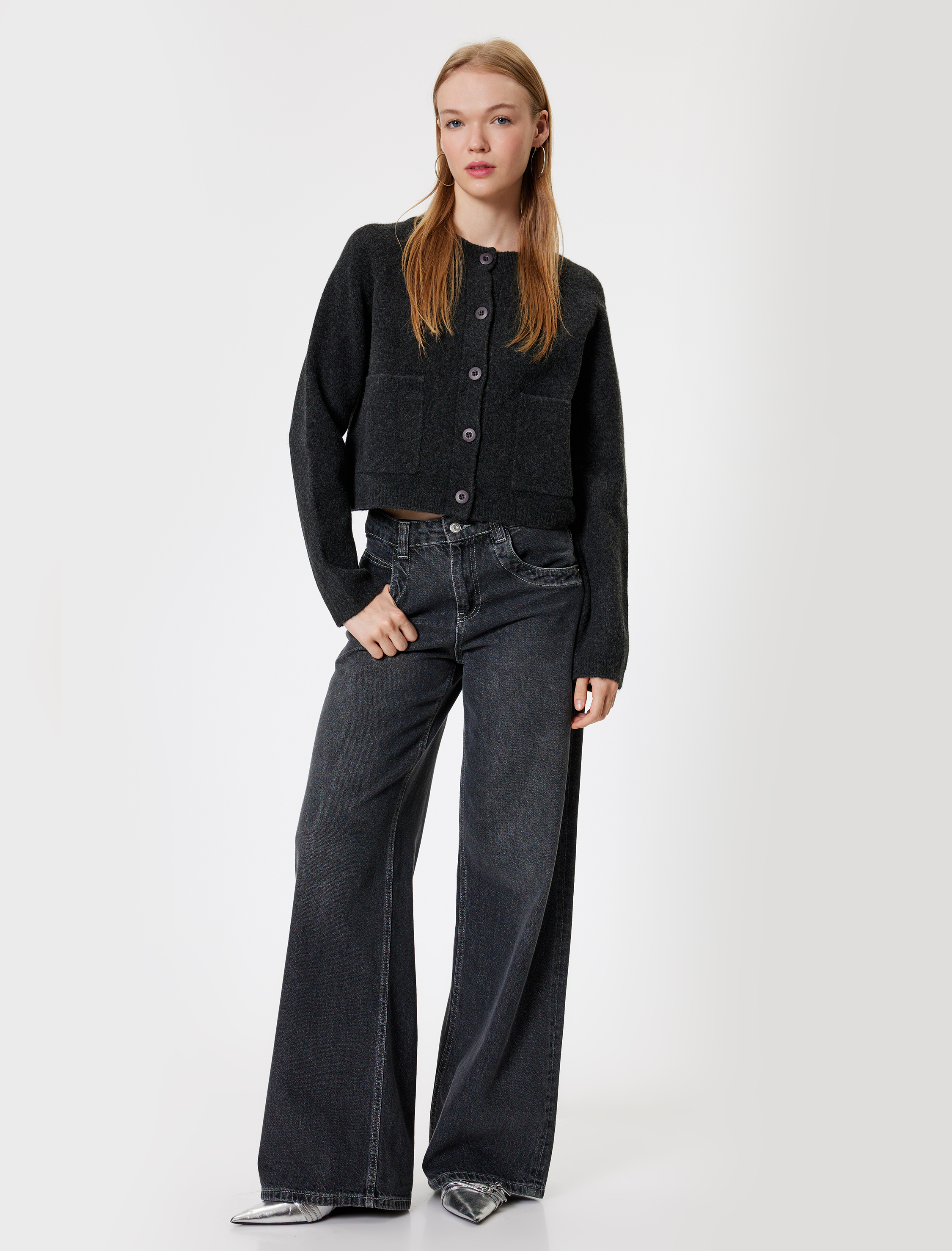 Triko Hırka Bisiklet Yaka Düğmeli Cep Detaylı Uzun Kollu