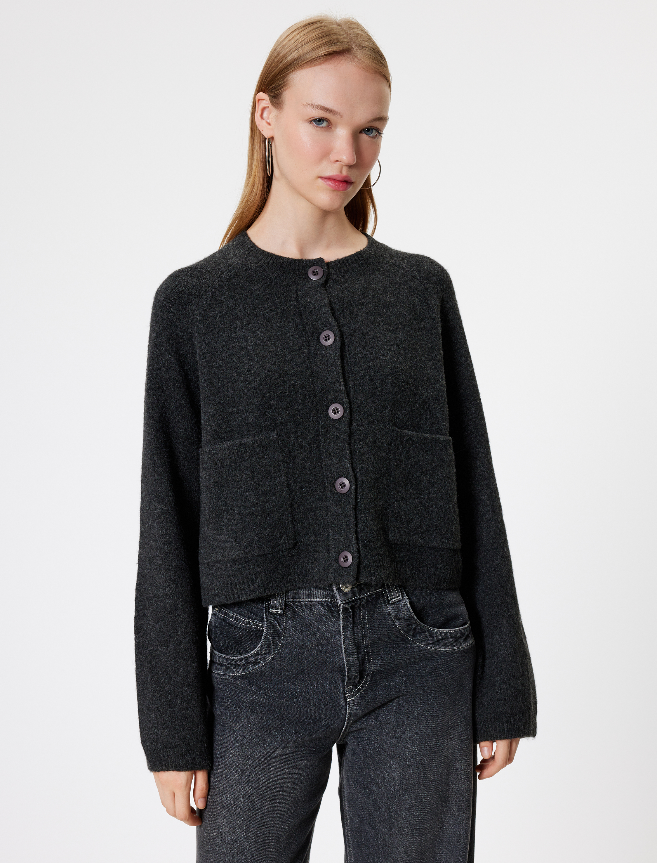 Triko Hırka Bisiklet Yaka Düğmeli Cep Detaylı Uzun Kollu