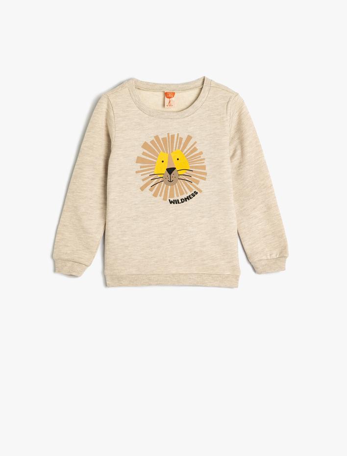 Erkek Bebek Sweatshirt Aslan Baskılı Uzun Kollu Şardonlu Pamuklu