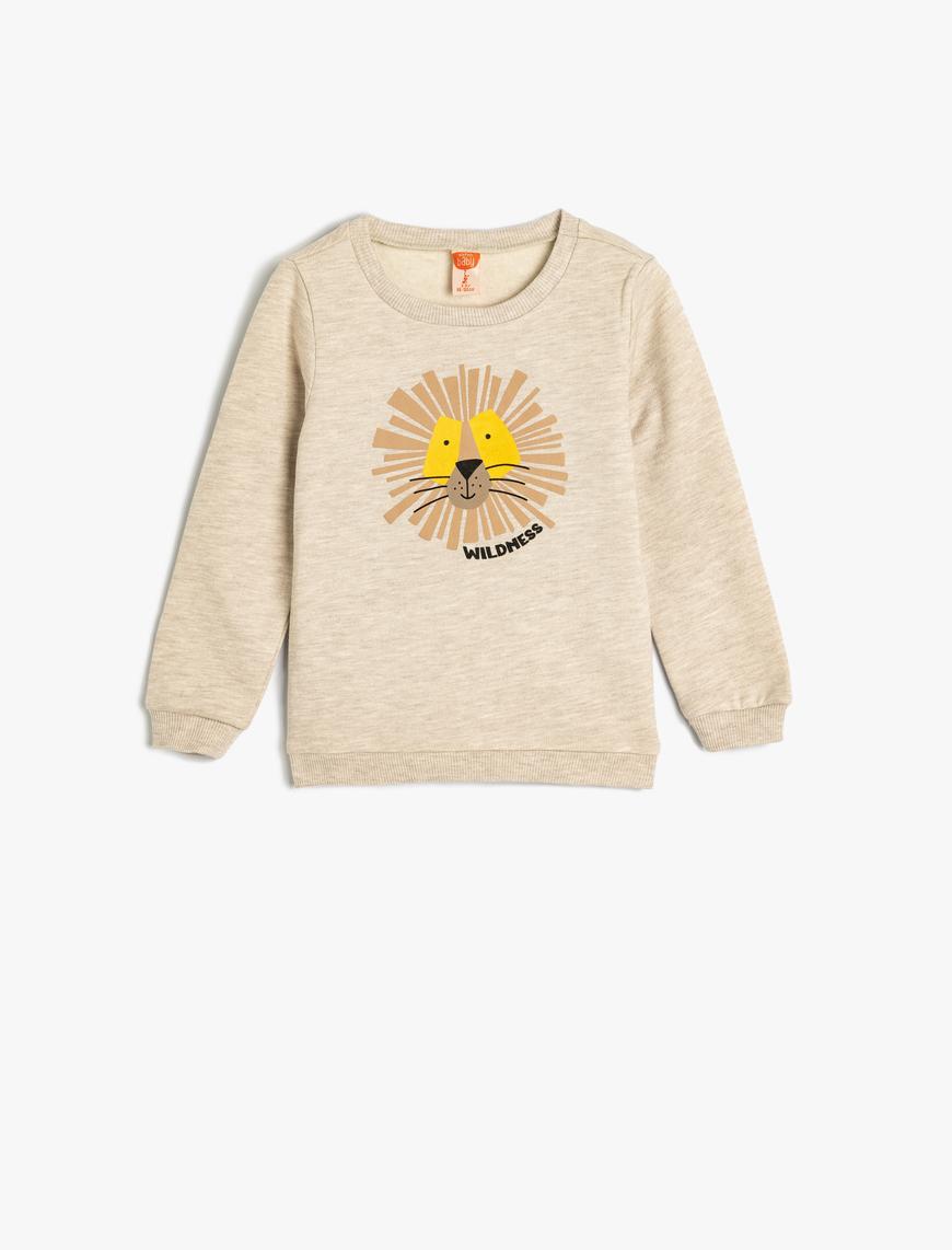  Erkek Bebek Sweatshirt Aslan Baskılı Uzun Kollu Şardonlu Pamuklu