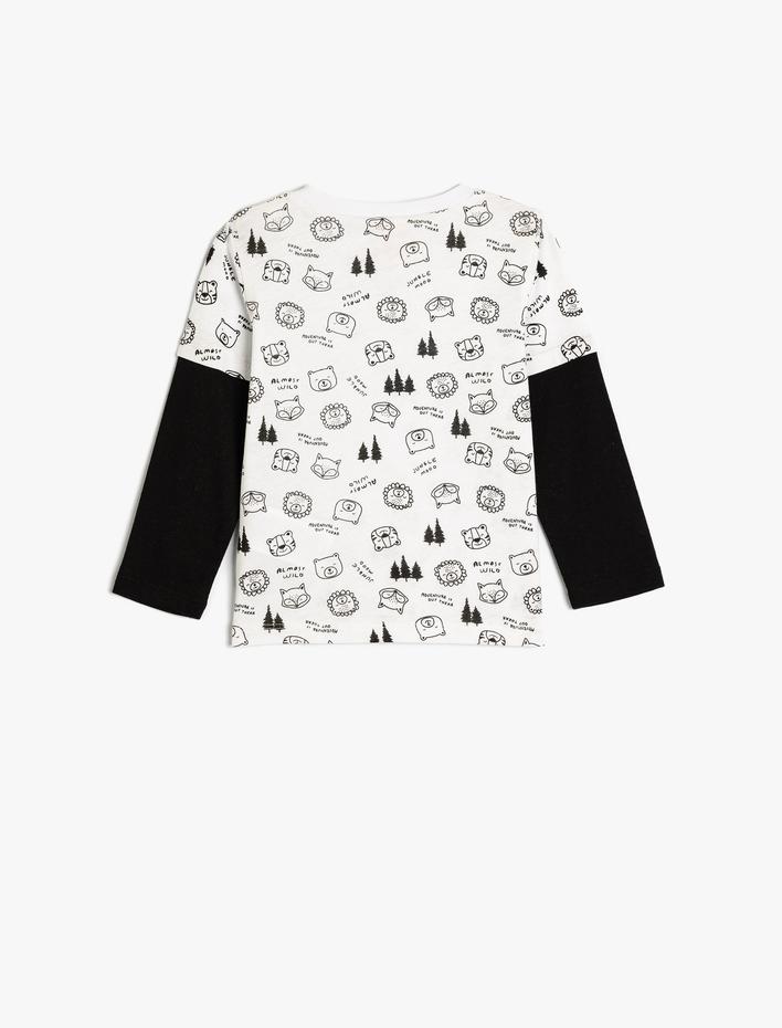 Erkek Bebek Tişört Uzun Kollu Bisiklet Yaka Hayvanlar Baskılı Pamuklu