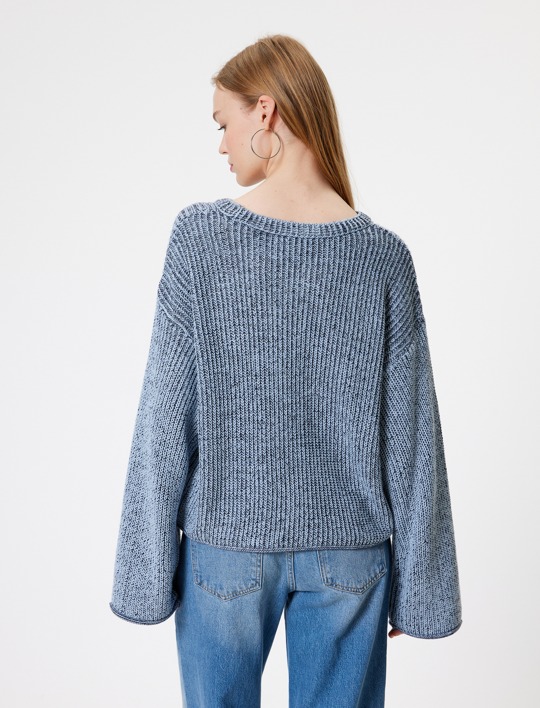   Triko Kazak Geniş Uzun Kollu Bisiklet Yaka Dokulu