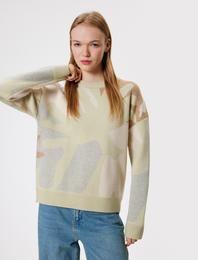 Bisiklet Yaka Kazak Triko Soyut Desenli Uzun Kollu