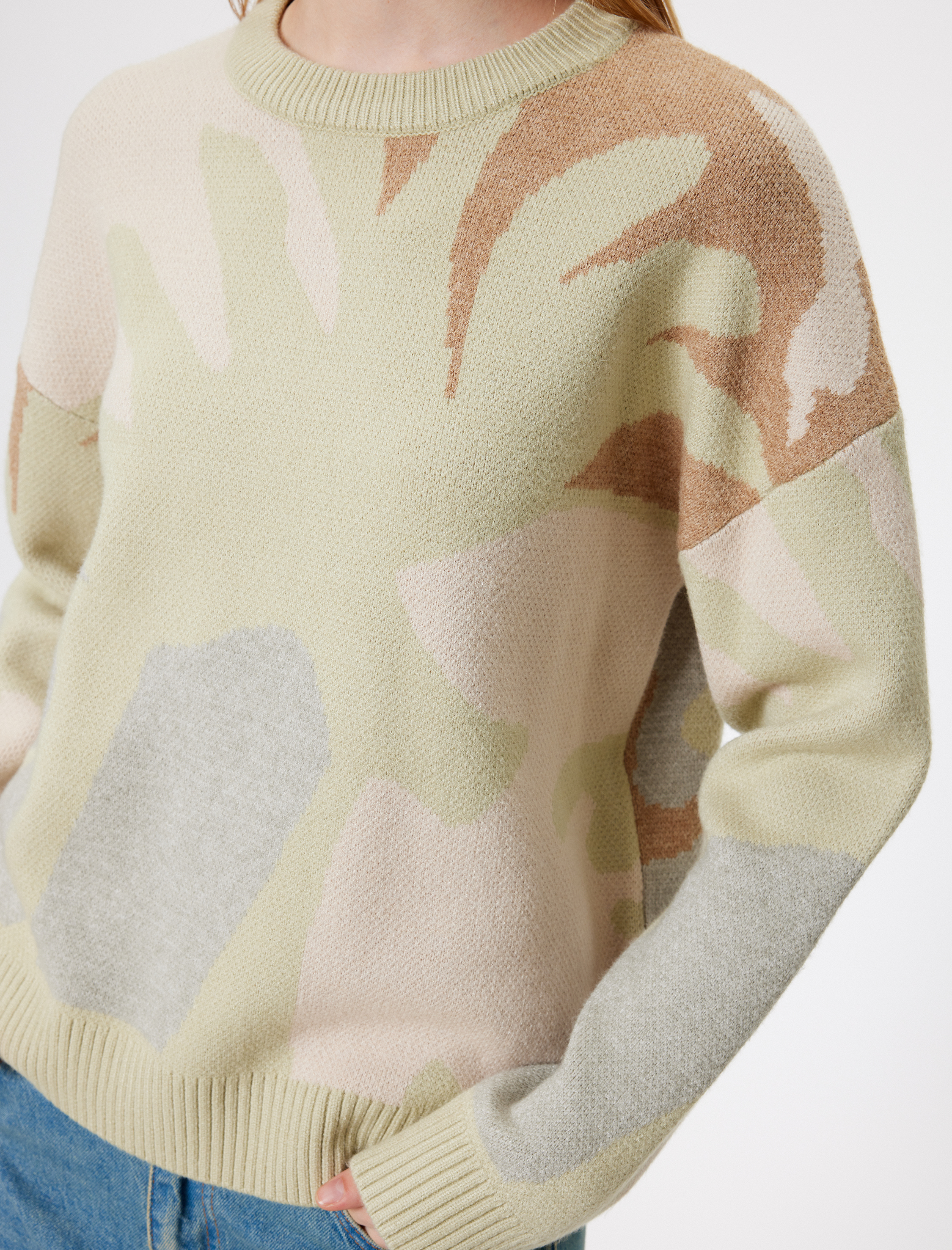   Bisiklet Yaka Kazak Triko Soyut Desenli Uzun Kollu