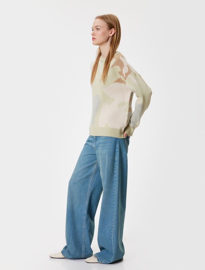  Bisiklet Yaka Kazak Triko Soyut Desenli Uzun Kollu