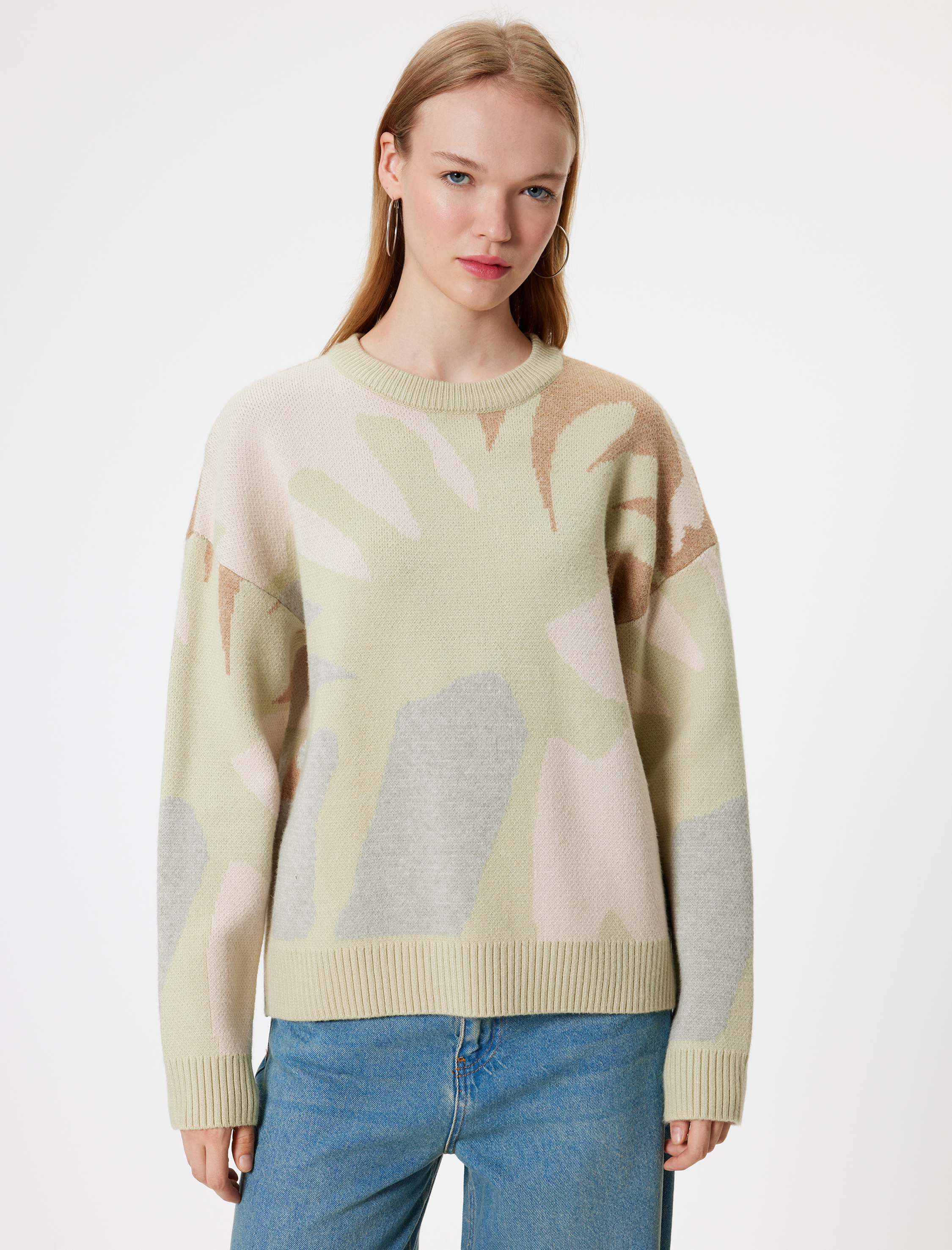   Bisiklet Yaka Kazak Triko Soyut Desenli Uzun Kollu