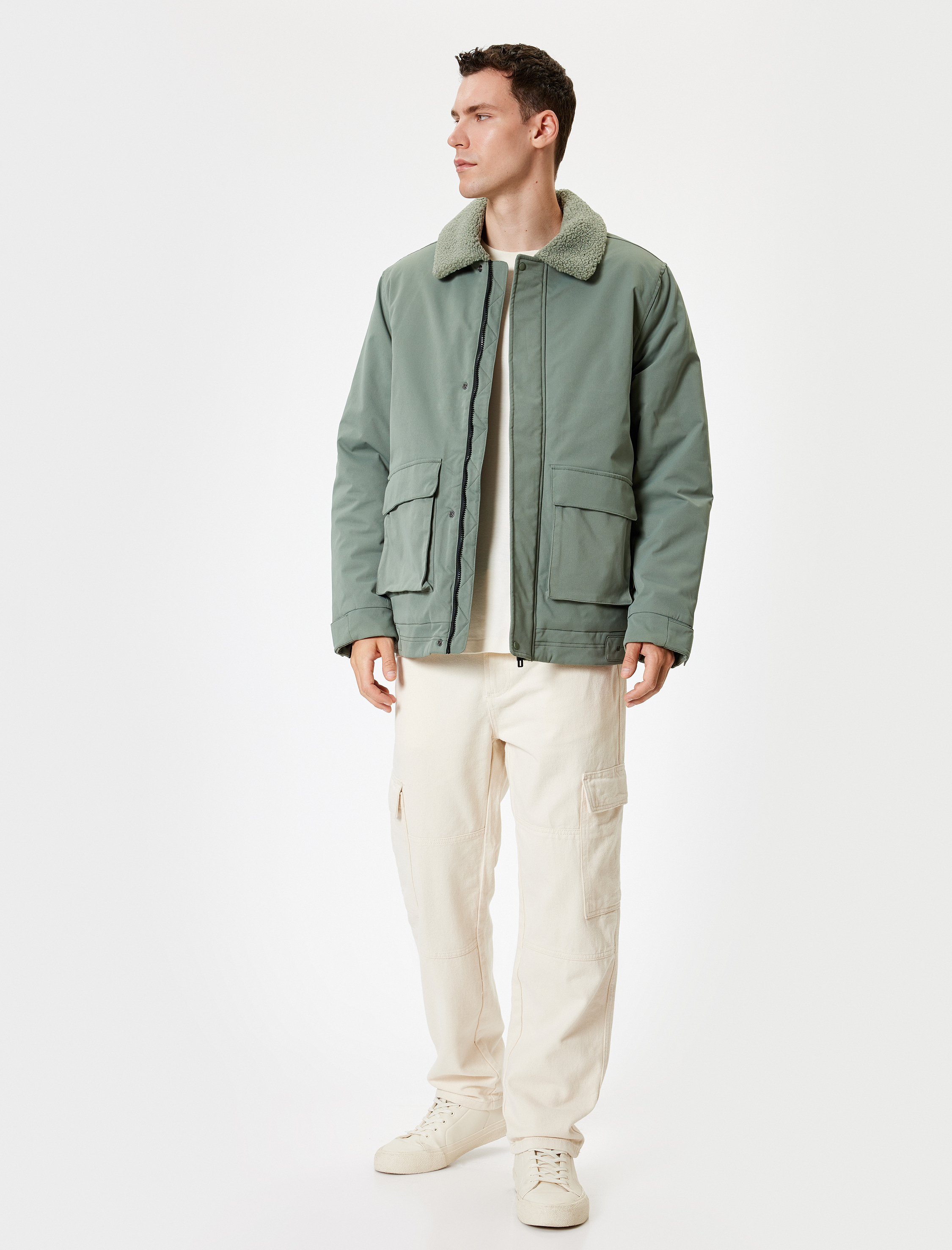   Slim Fit Fermuarlı Peluş Yaka Ceket