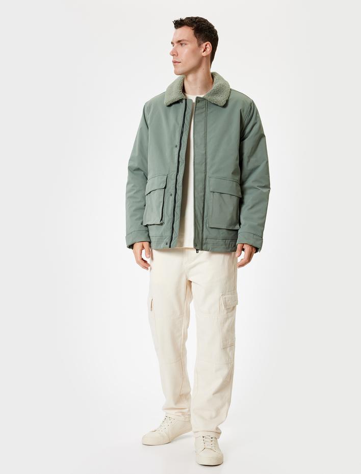  Slim Fit Fermuarlı Peluş Yaka Ceket