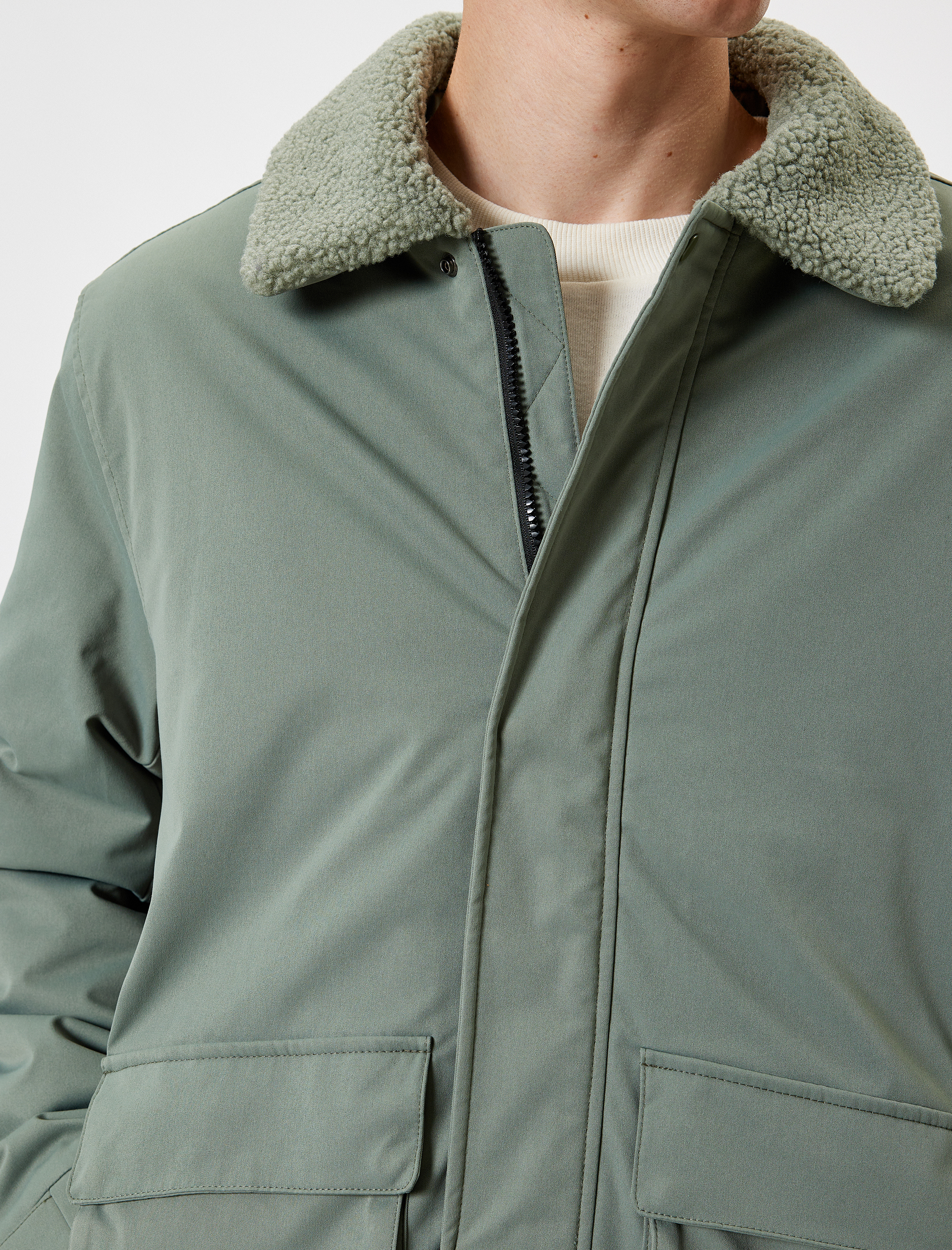   Slim Fit Fermuarlı Peluş Yaka Ceket