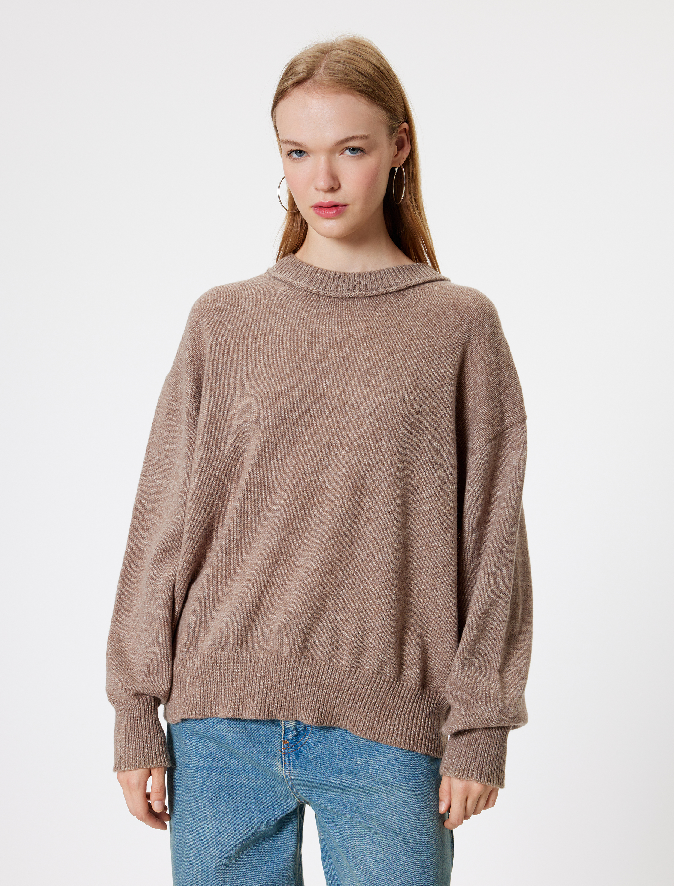   Basic Triko Kazak Bisiklet Yaka Düşük Omuzlu