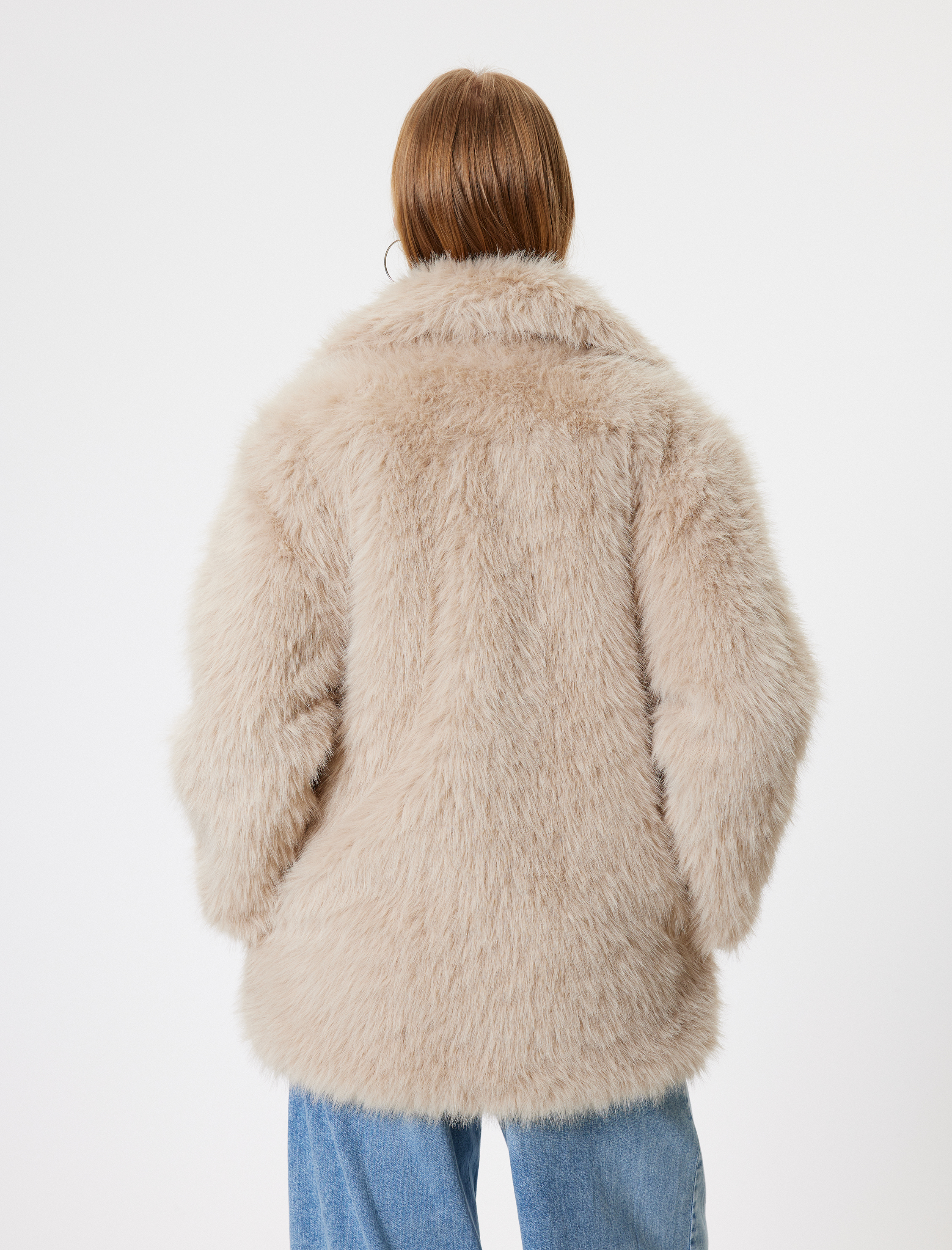   Suni Kürk Mont Oversize Klasik Yaka Düğmeli Cep Detaylı