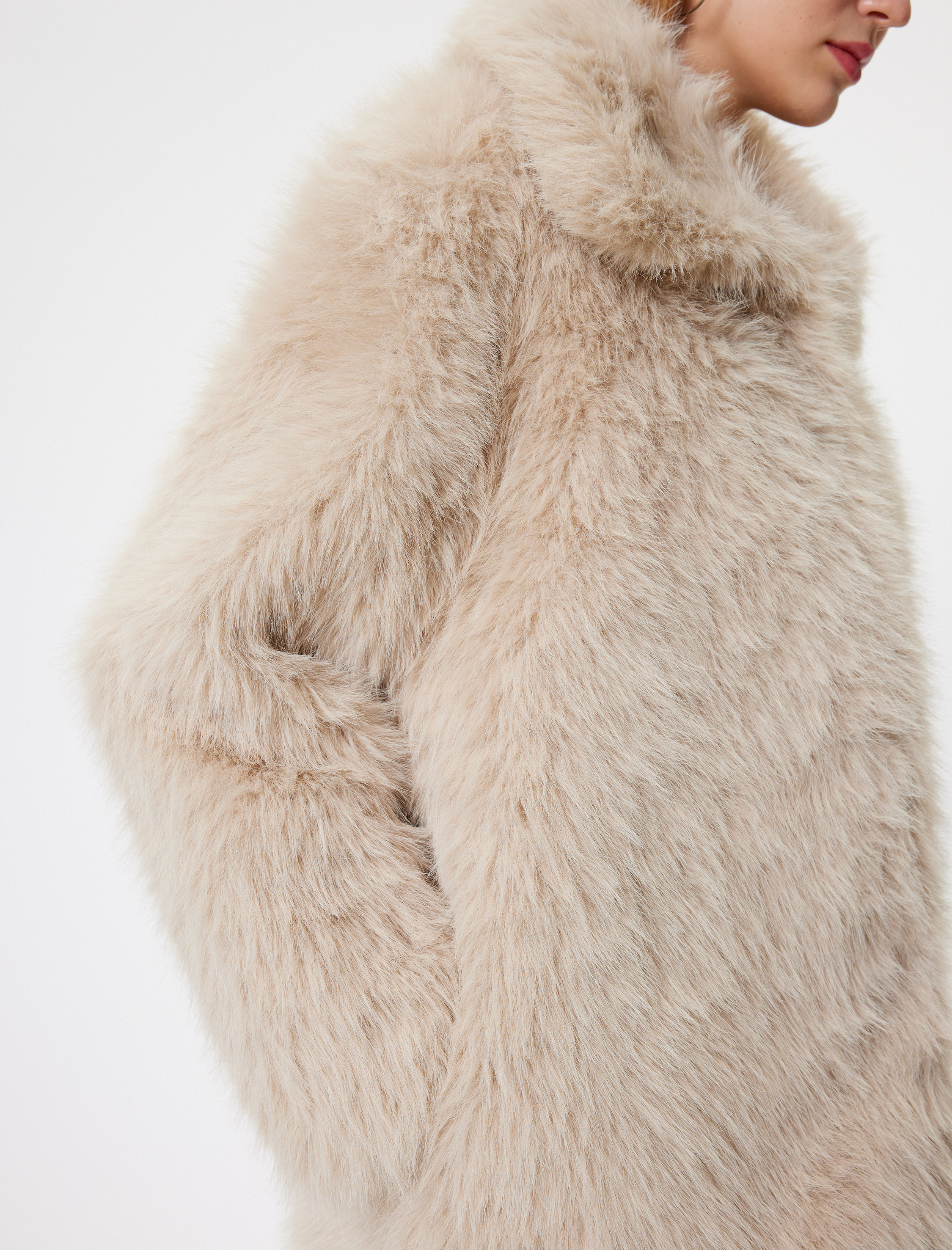   Suni Kürk Mont Oversize Klasik Yaka Düğmeli Cep Detaylı