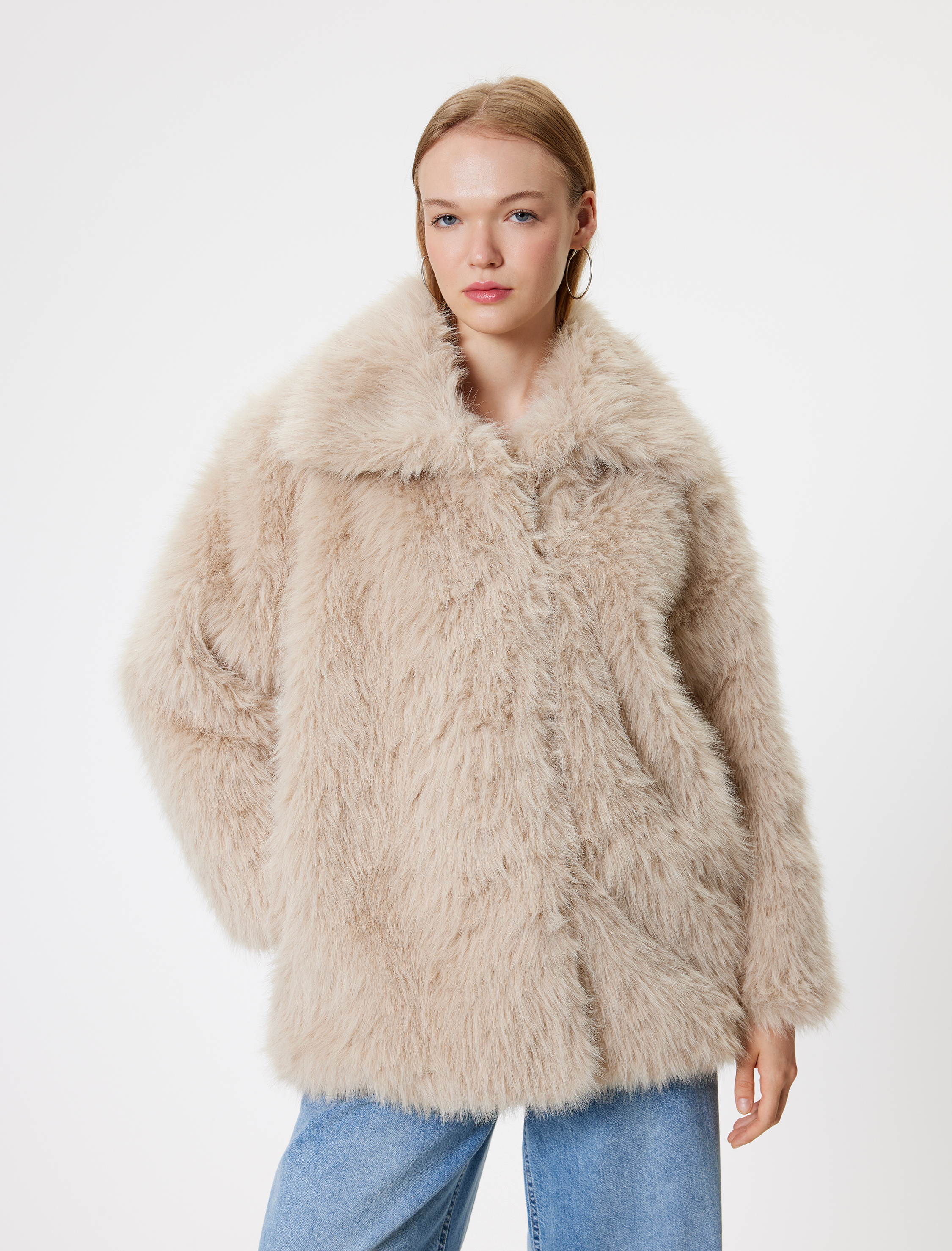   Suni Kürk Mont Oversize Klasik Yaka Düğmeli Cep Detaylı