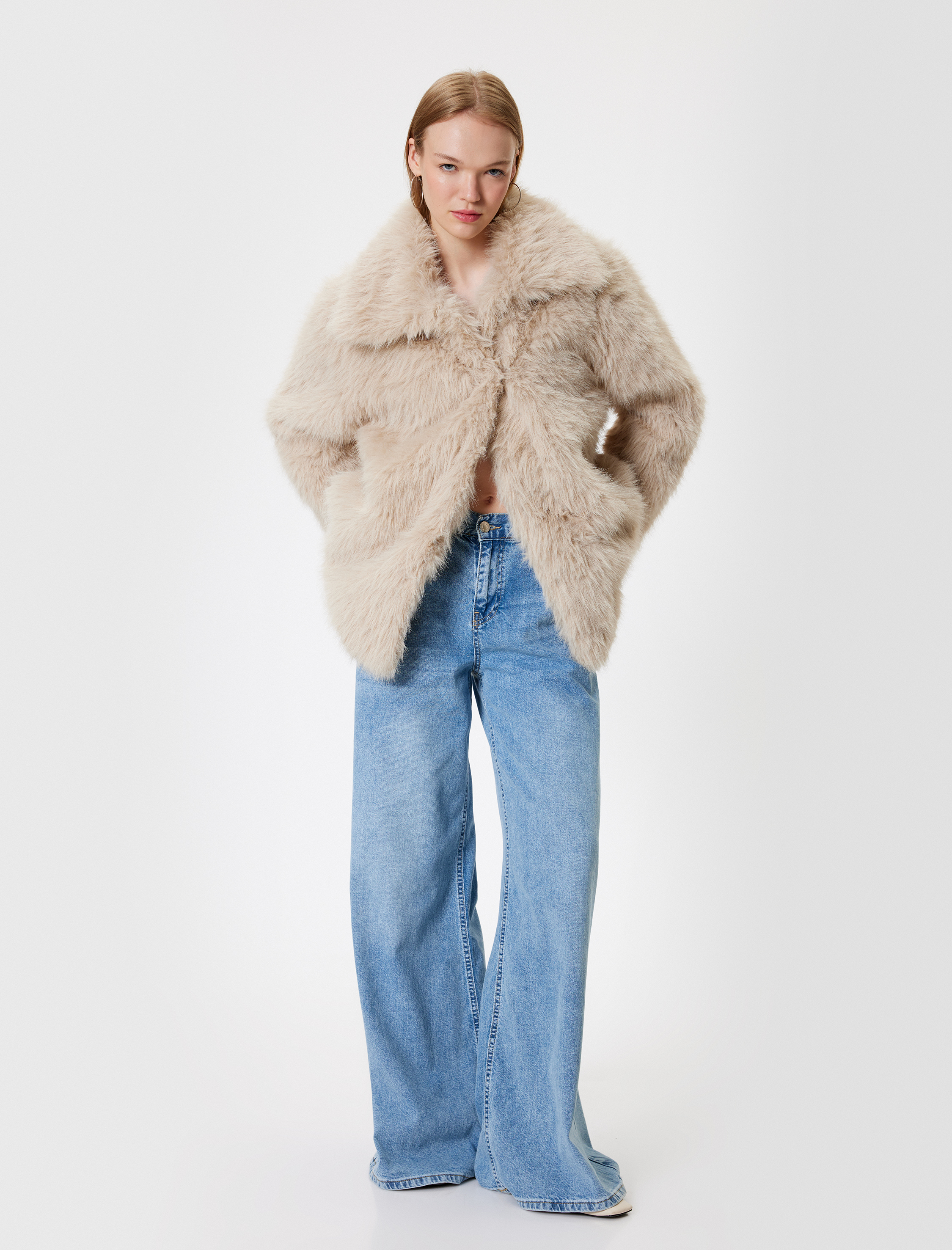   Suni Kürk Mont Oversize Klasik Yaka Düğmeli Cep Detaylı