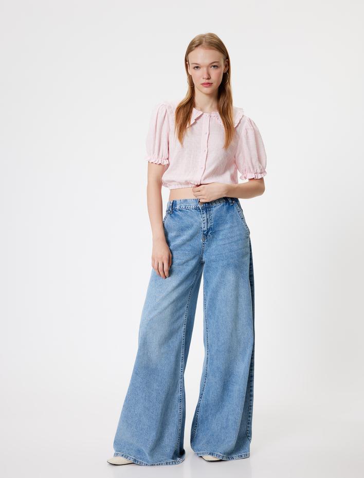  Balon Kol Crop Bluz Geniş Bebe Yaka Düğmeli Pamuklu