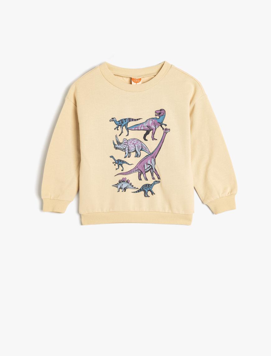  Erkek Bebek Dinozorlu Sweatshirt Uzun Kollu Bisiklet Yaka Pamuklu