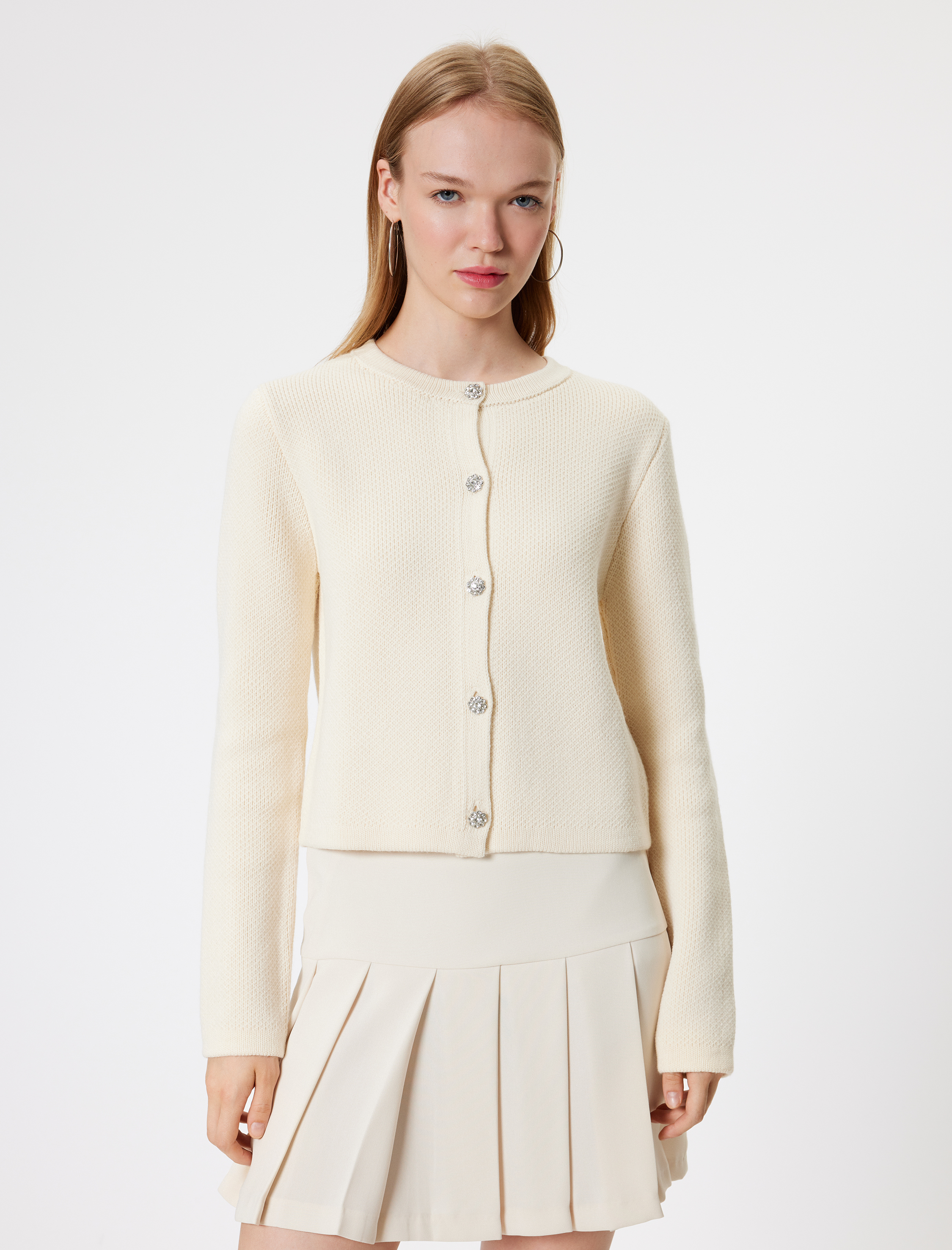   Triko Hırka Bisiklet Yaka Taş Düğme Detaylı Uzun Kollu