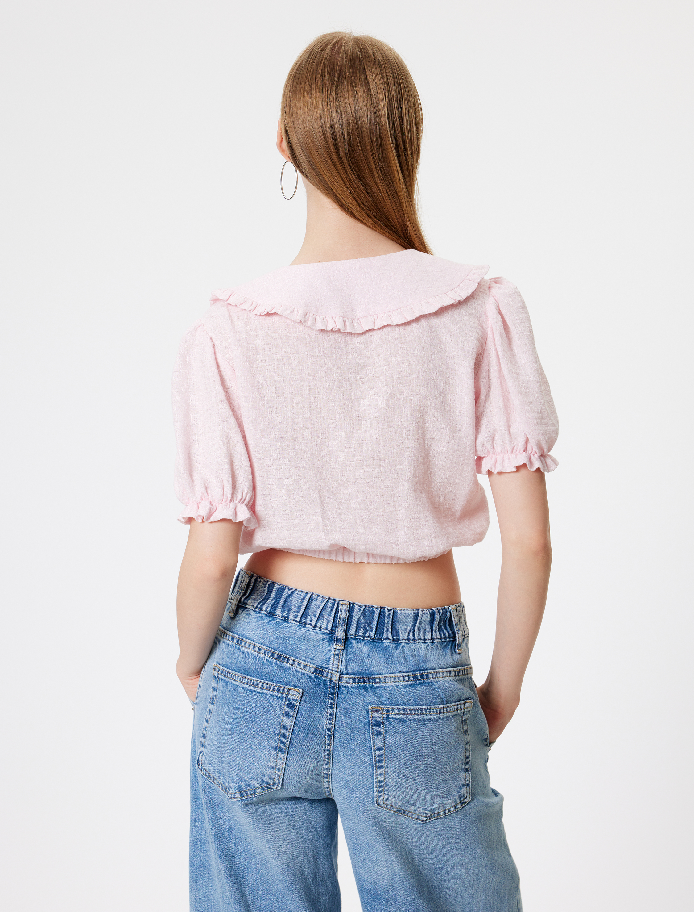   Balon Kol Crop Bluz Geniş Bebe Yaka Düğmeli Pamuklu