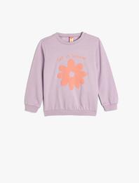 Çiçekli Sweatshirt Uzun Kollu Bisiklet Yaka Pamuklu