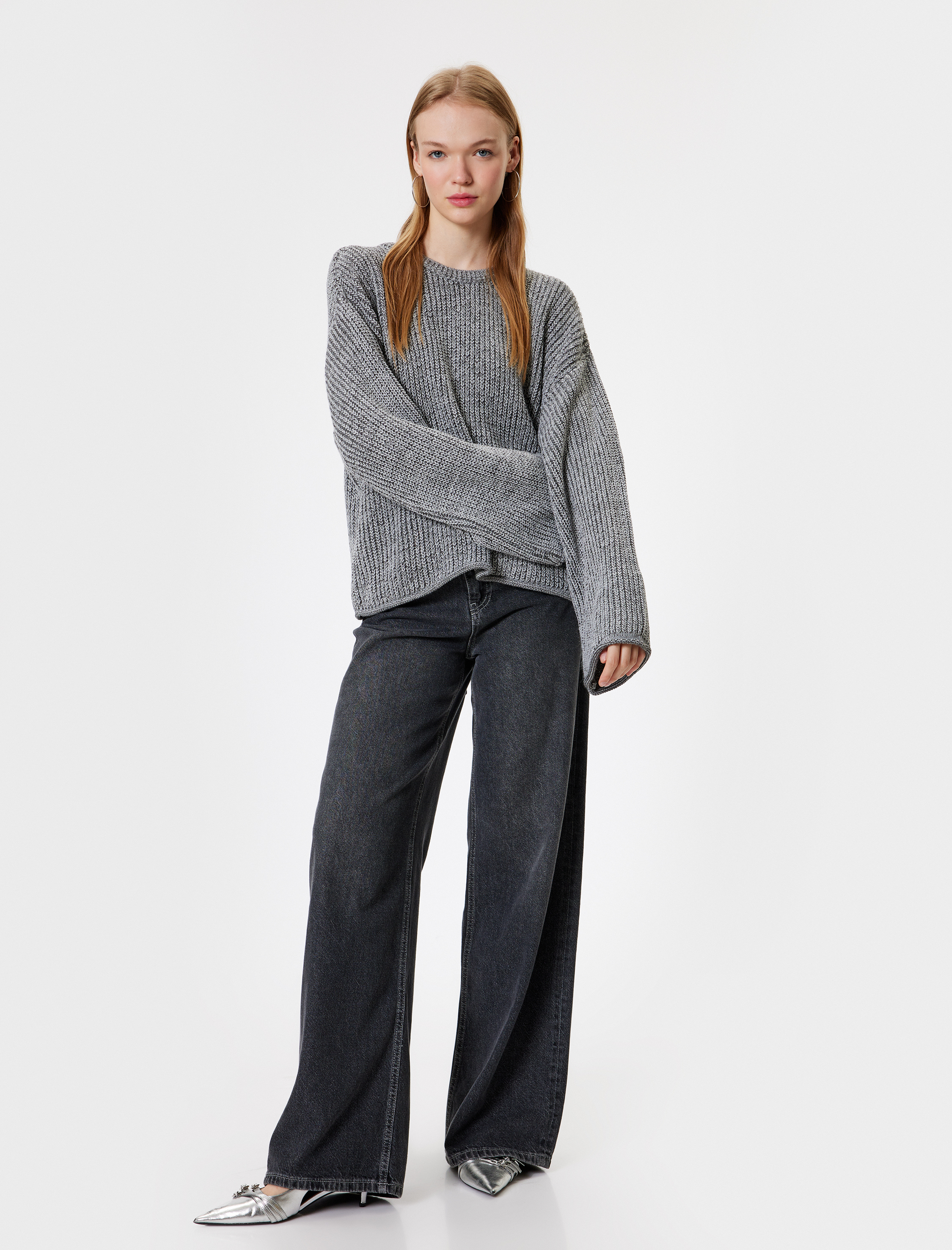   Triko Kazak Geniş Uzun Kollu Bisiklet Yaka Dokulu