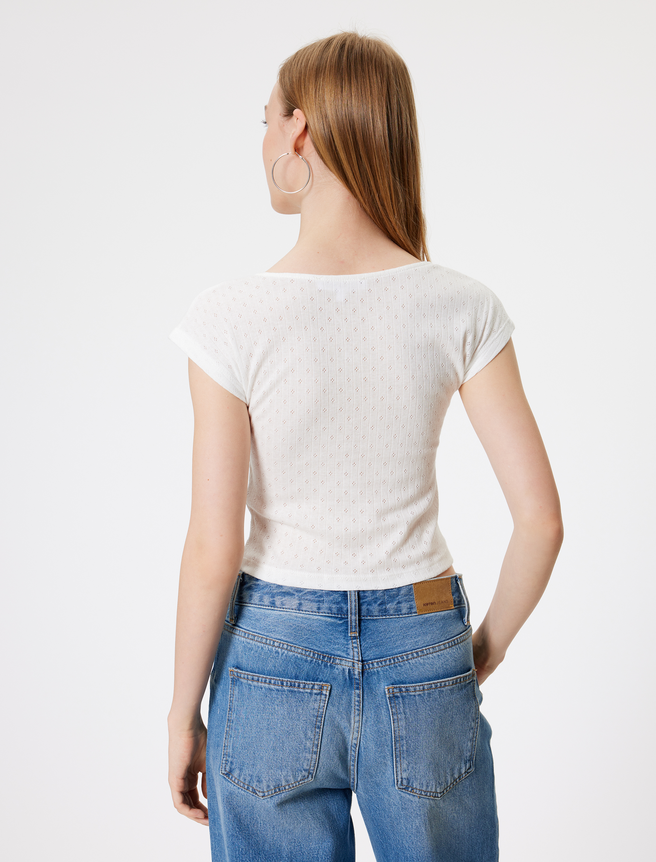 Kap Kol Tişört Fiyonk Detaylı Kare Yaka Slim Fit