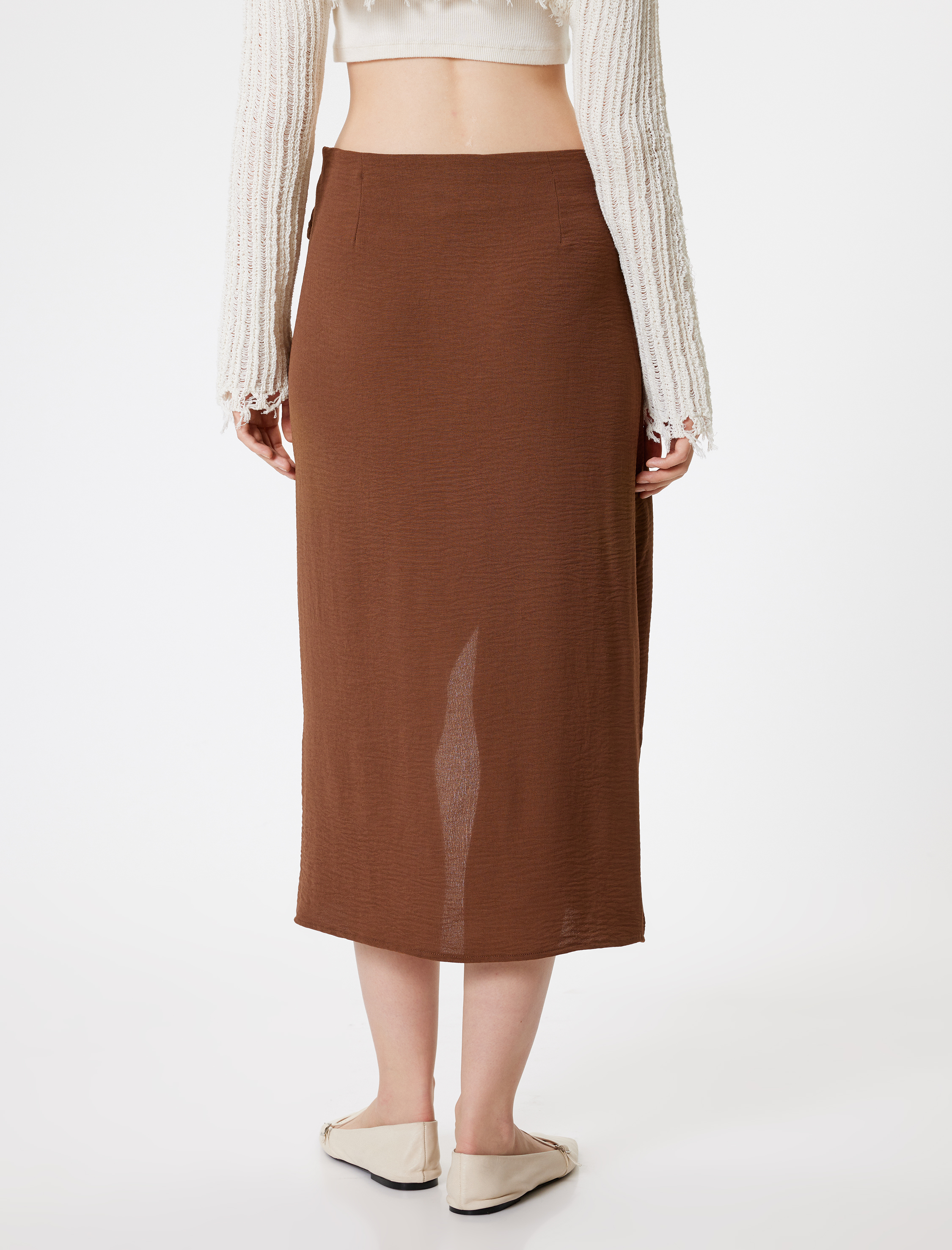   Kruvaze Metal Aksesuarlı Standart Bel Midi Etek