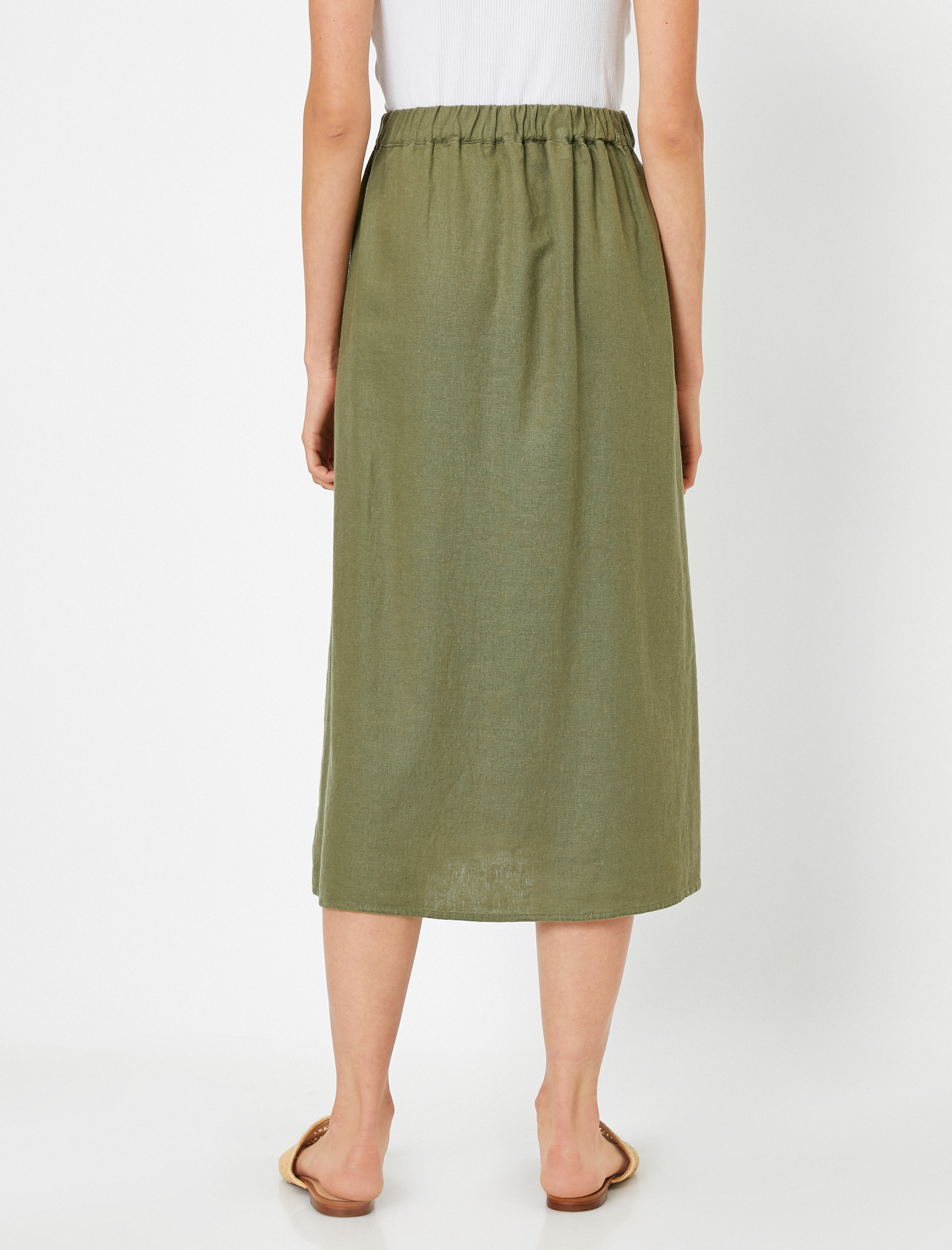   Önü Düğmeli Midi Etek Keten Karışımlı