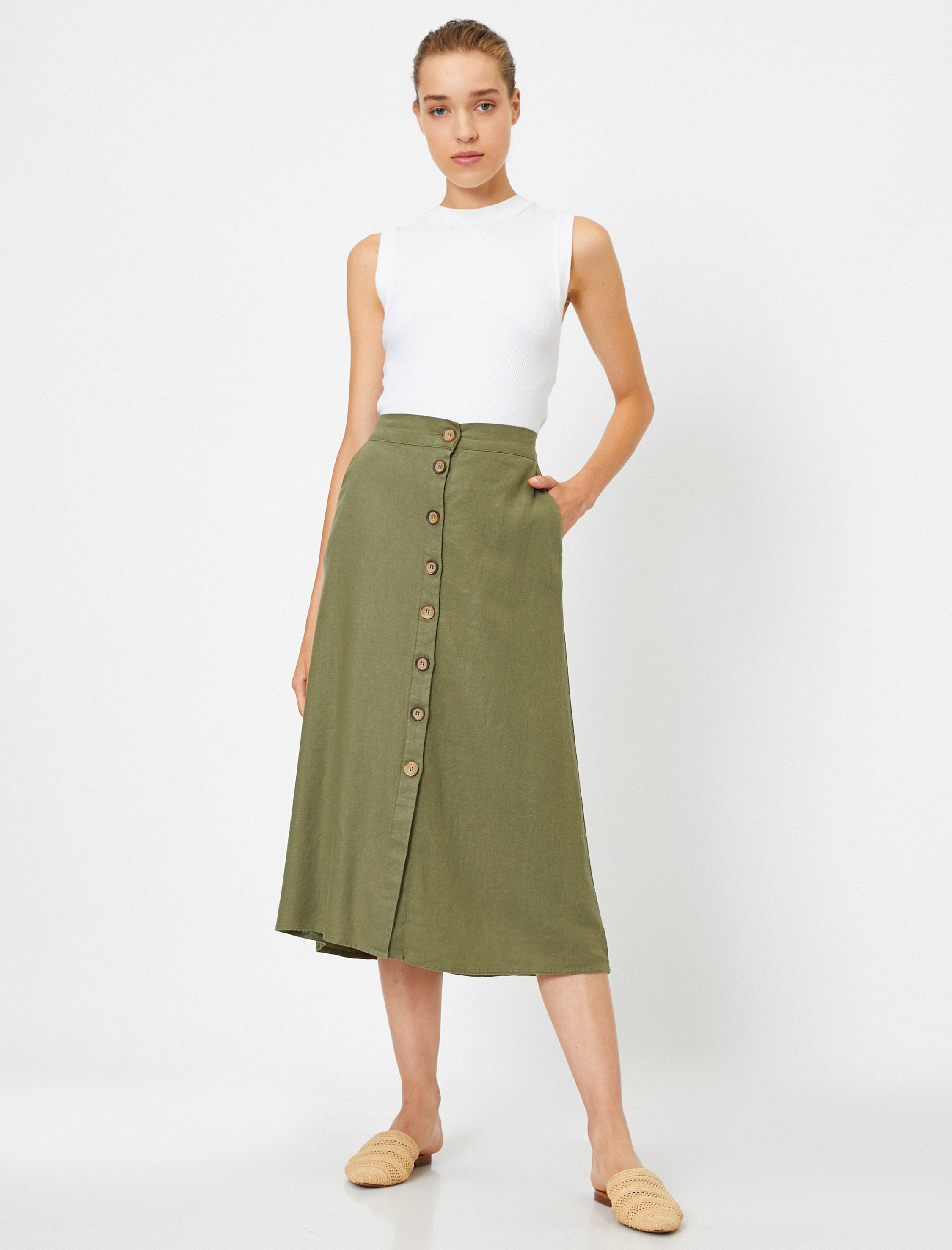   Önü Düğmeli Midi Etek Keten Karışımlı