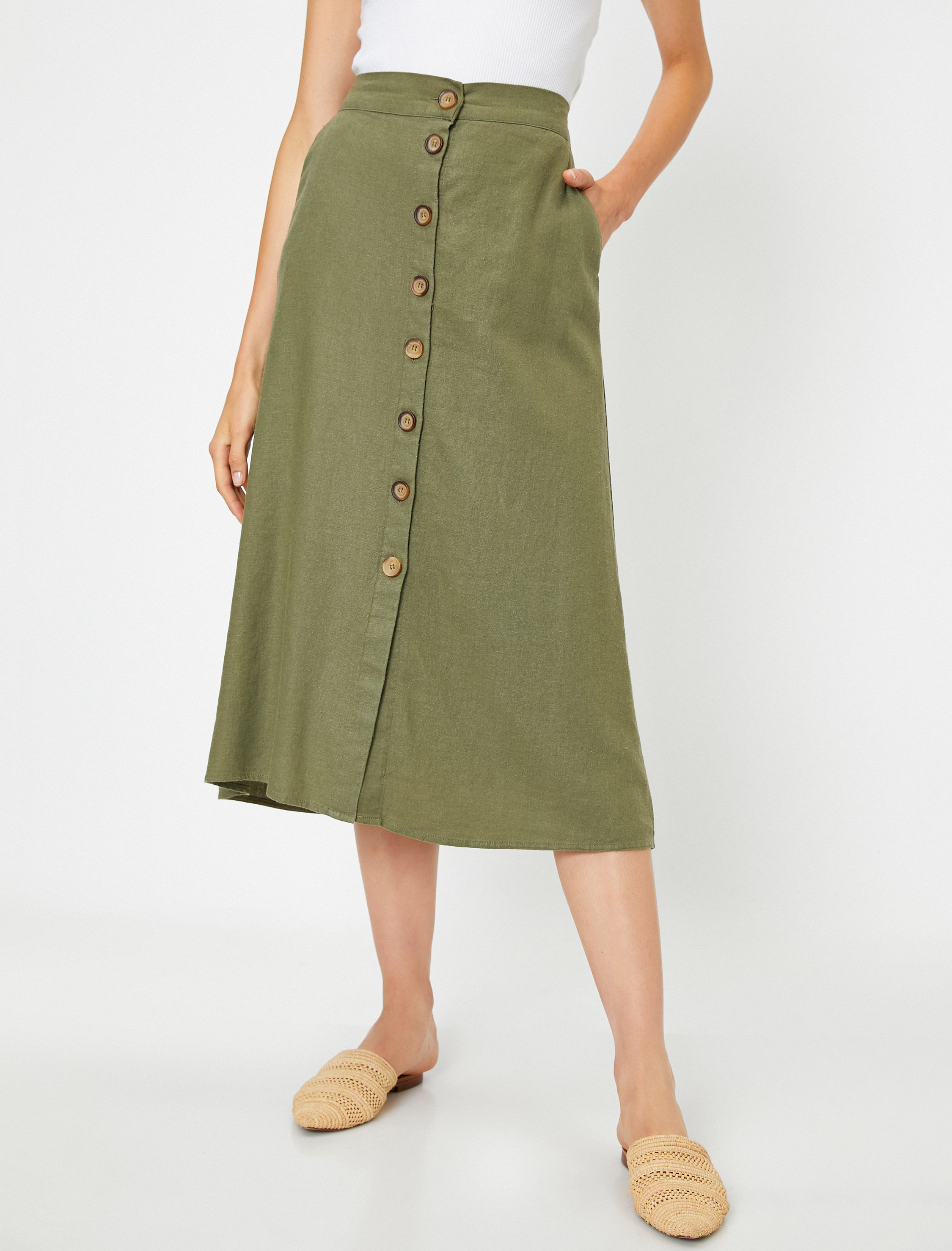   Önü Düğmeli Midi Etek Keten Karışımlı